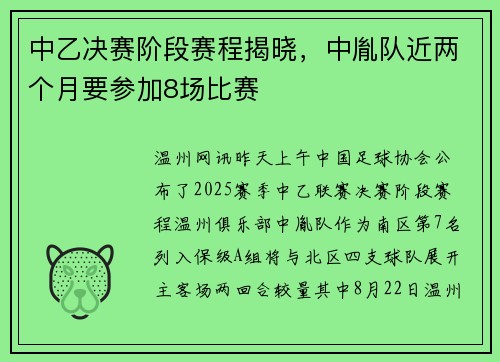 中乙决赛阶段赛程揭晓，中胤队近两个月要参加8场比赛